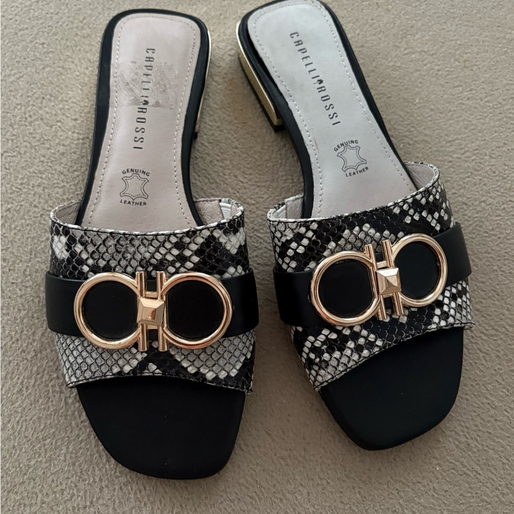 Capelli of New York Black and White Leather Snake Print Mules